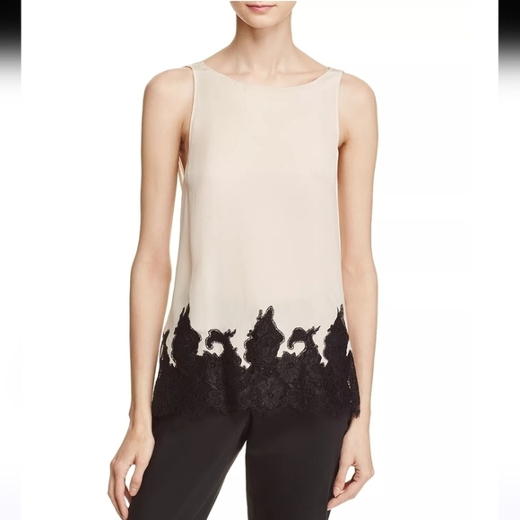 Alice + Olivia Marge Black Lace Champagne Silk Cowl Back Blouse Size Medium - Picture 1 of 10